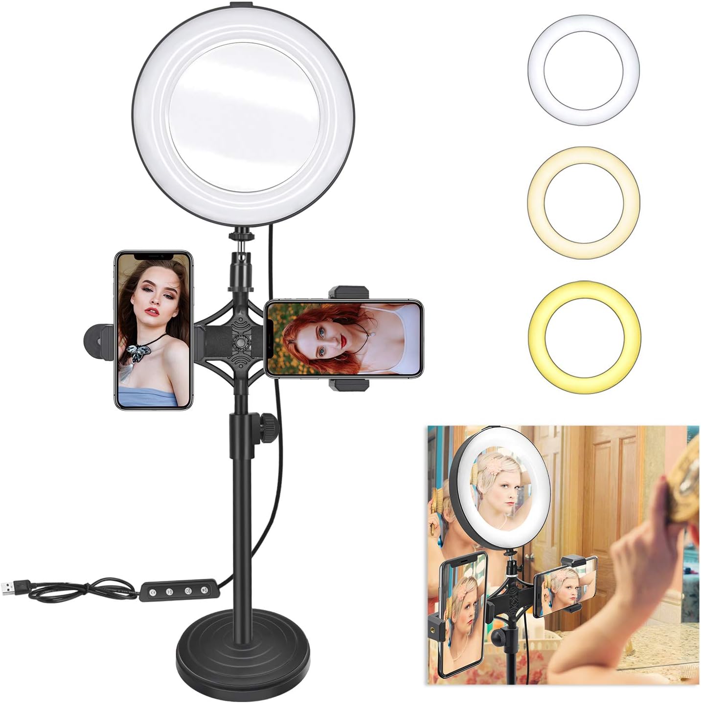 8" Ring Light Mirror for Selfie/YouTube Video and Live Makeup/Photography, MDrebel Dimmable LED Ring Light with Stand and Phone Holder, Shooting with 3 Light Modes & 10 Brightness Level