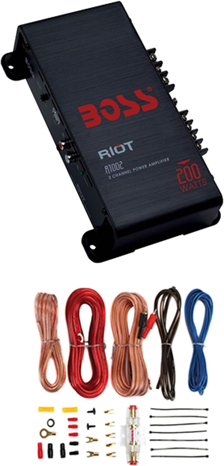 BOSS Audio Systems R1002 Riot 200 Watt 2-Channel Class A/B 2 Ohm Stable Full Range Car Audio Amplifier and AKS8 Amplifier Installation Wiring Kit