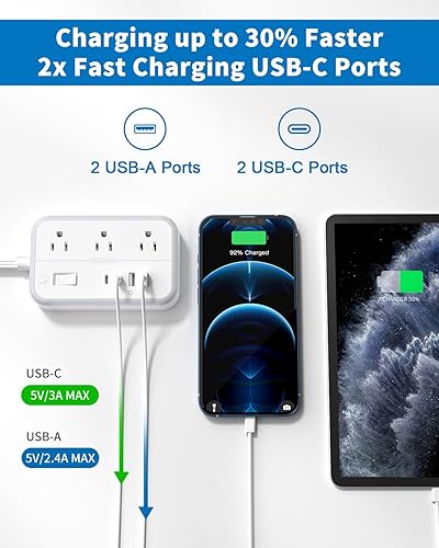 Miniatura 4 de Cable de extensión plano de 10 pies y 15 pies, regleta protectora de sobretensiones con 6 tomas amplias, 4 puertos USB (2 USB C), enchufe plano,