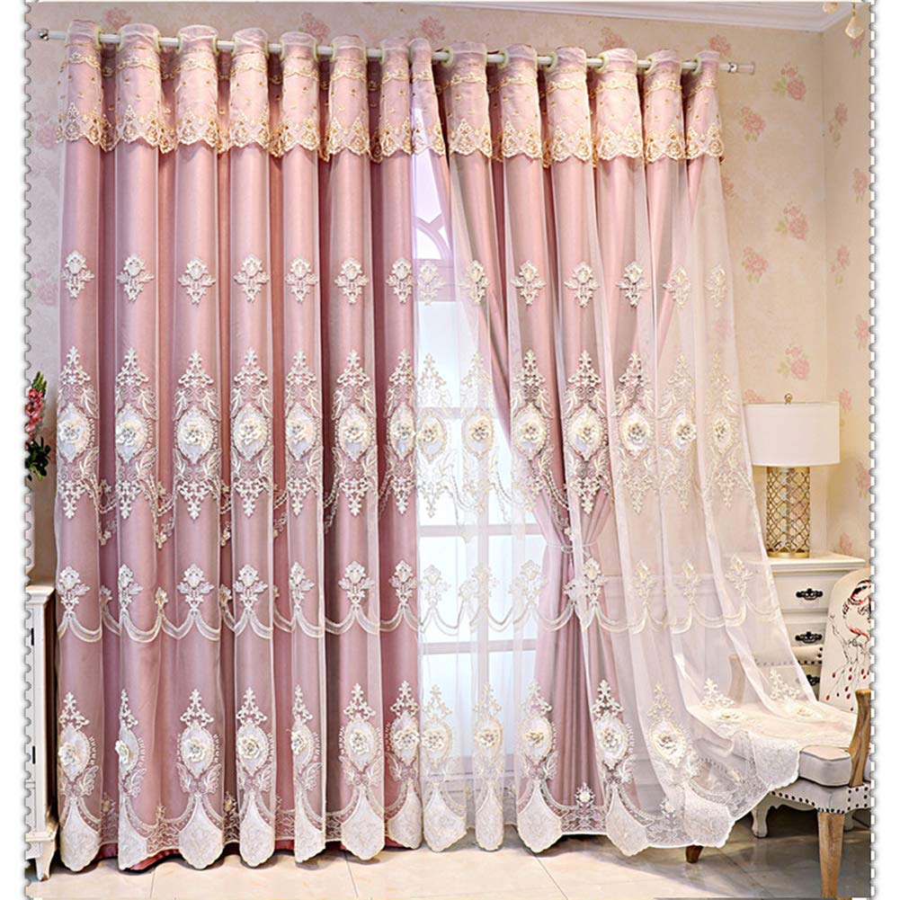HAPPLiGNLY Blackout Curtain Double Layer for Living Room,Pretty Lace Embroidery Sheer Voile Shading Curtain,Darkening Window Drape Valance Panel,Girl Bedroom Solid Thermal Insulated Eyelet Cu