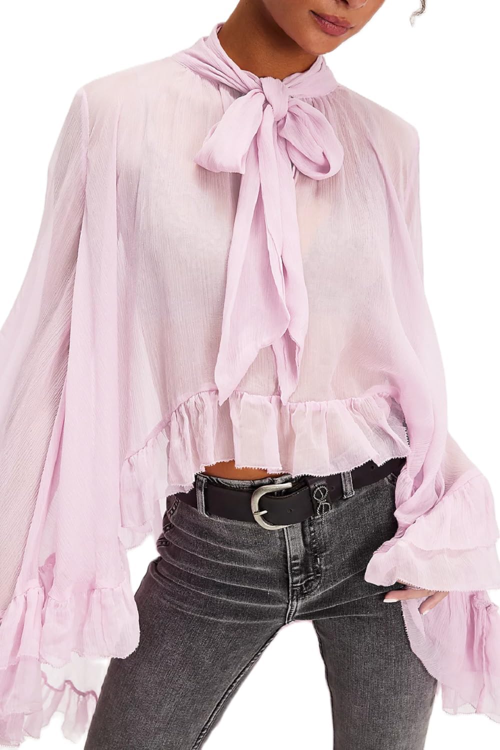NUFIWI Women's Sheer Ruffle Trim Blouse with Self Tie Neck | Long Bell Sleeve Frill Trim Shirt Tunic Poncho Sexy See Through Mesh With Self Tie Neck Boho Overlay High Low Going Out Tops
