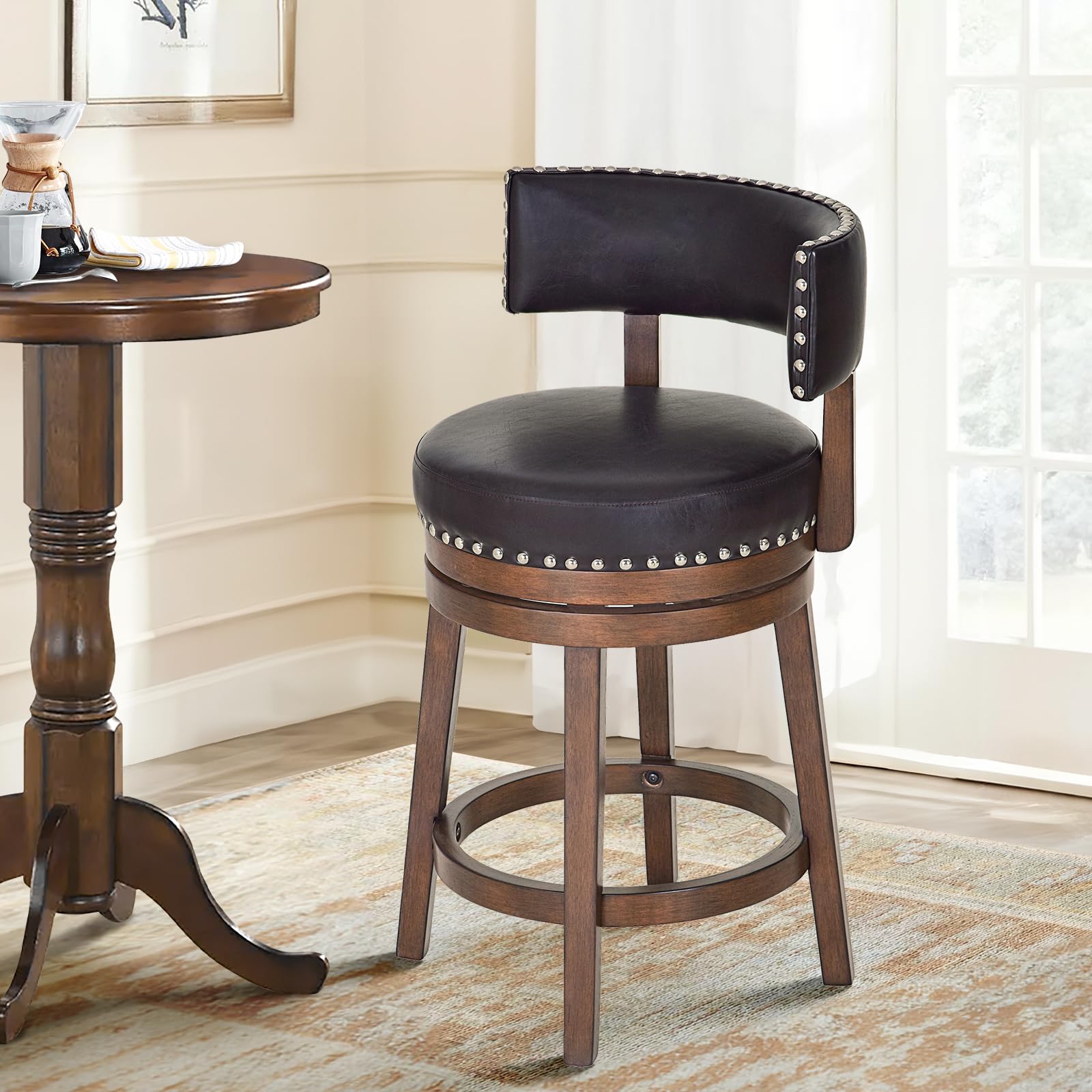 COLAMY Swivel Bar Stool, 25 Inch Wood Swivel Barstool with Back, Counter Height Bar Stools, Modern Upholstered Barstool for Kitchen Island Dining Room Bar, Dark Brown