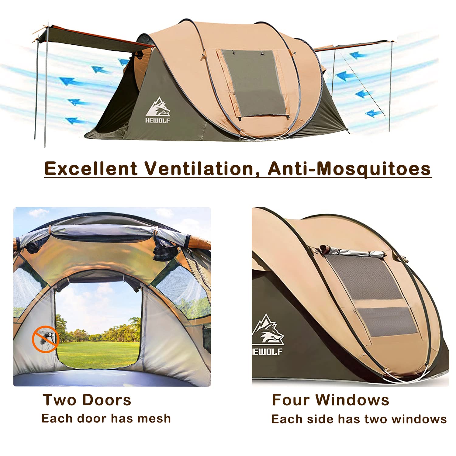 hewolf camping tent 3-4 person Automatic Pop Up Tents Instant with Porch Portable Family Tent Outdoor Dome Tent UV Protection Cabana Tent for Camping Hiking Travel, X-Large Brown Sports & Shoe size:11 Sportz Truck Tent & full-sale