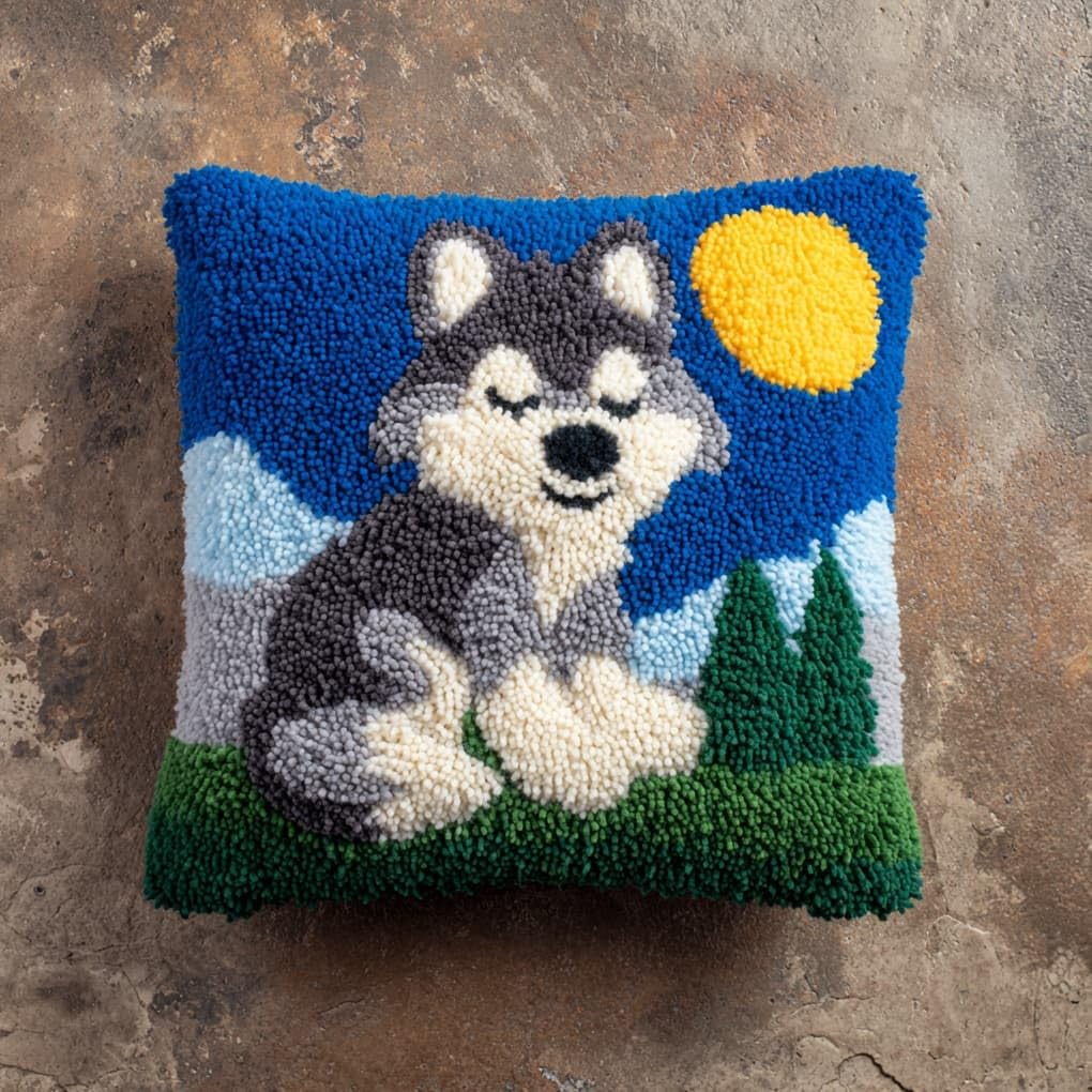 Henypt Latch Hook Pillow Kit 43x43cm,Animal cub Wolf Embroidery Cushion Set for Home Interior,Relaxing Hobby for Adults & Craft Beginners