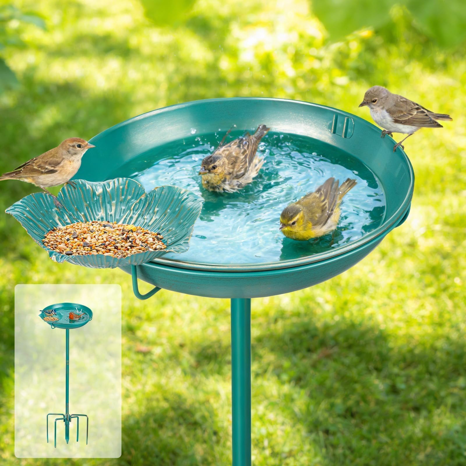 Mellbree Metal Bird Bath for Outside, 10" Dia 39" H Lake Blue with Gold Gilding, Freestanding with Perch & Feeder Bowl, Multi-Functional for Garden Patio Yard Lawn Outdoor Decor