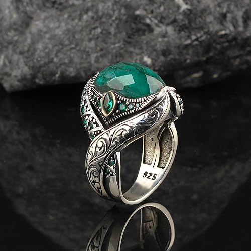 Miniatura 4 de Emerald Stone Men Silver Ring, 925 Sterling Silver Emerald Gemstone Ring, Handmade Engraved Turkish Silver Ring with Natural Emerald Stone gifts for
