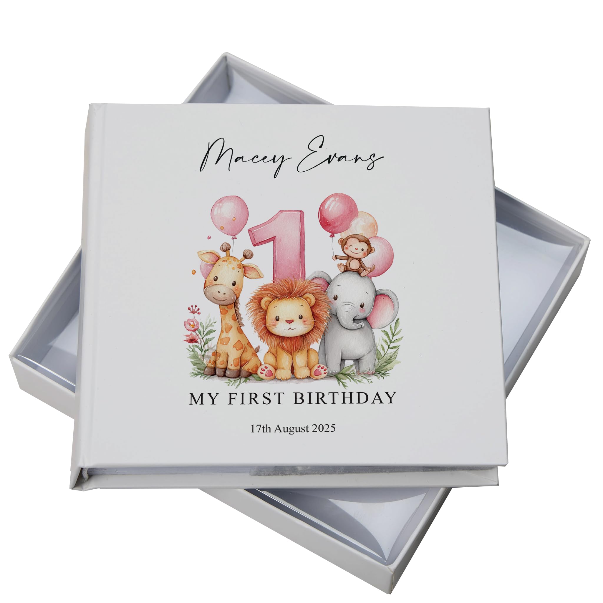 Personalised Baby's First Year Photo Album In Gift Box With Safari Theme, Customisable Memory Book with Gift Box, Keepsake for Birth to 12 Months Milestones (Pink)