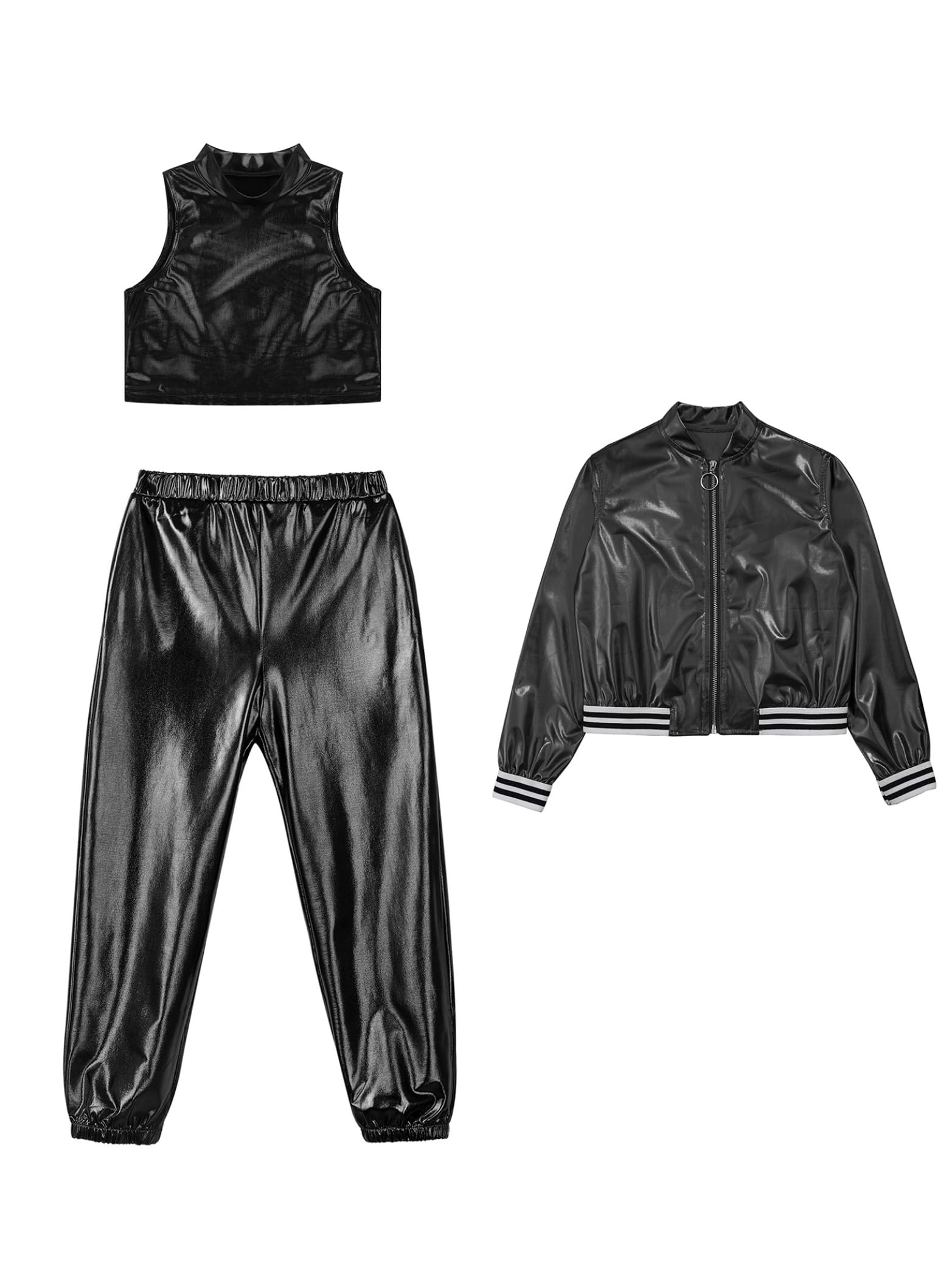 Yhong 3-częściowy zestaw dziewczęcych hip-hopowych ubrań do tańca z kapturem, tank top, spodnie do biegania dla dzieci, metaliczny dres treningowy, brokatowy, casualowy Street
