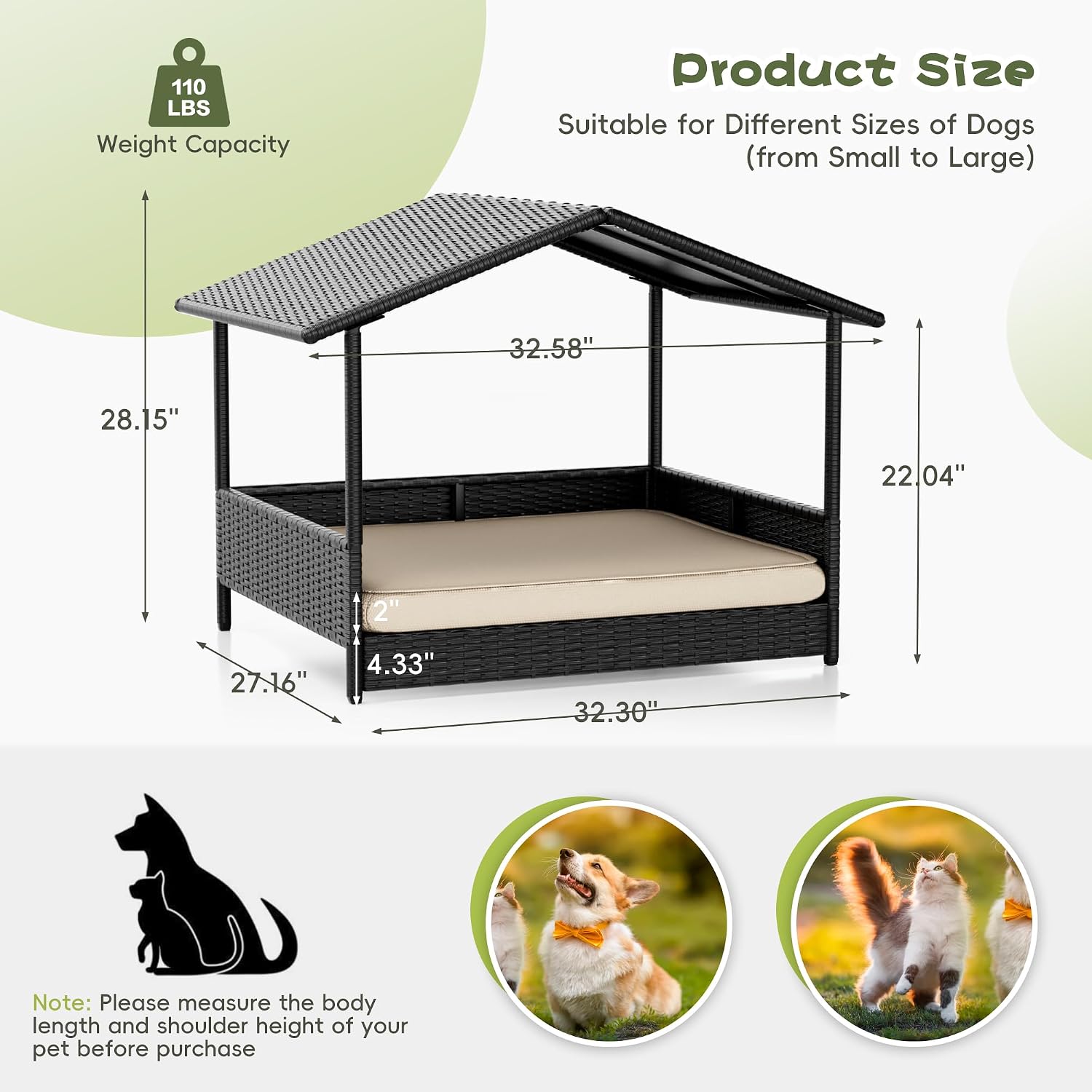 WARCAT Wicker Dog House, Indoor Outdoor Elevated Dog Bed for Small Medium Dogs, with Removable Cushion, Washable Cover, Weatherproof Roof