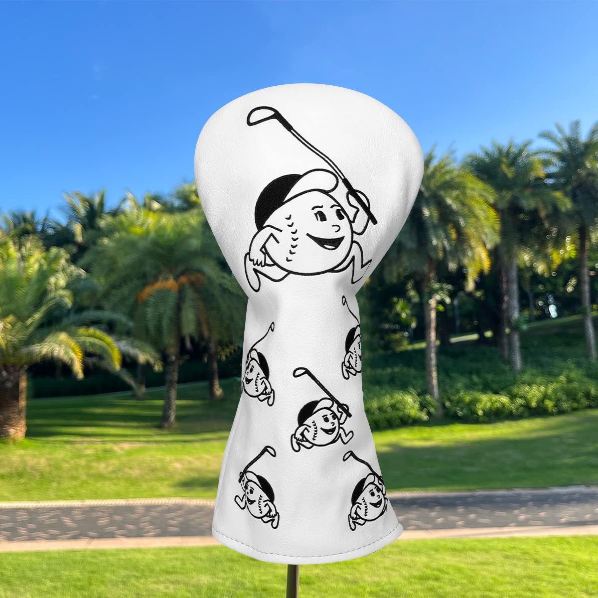 Montela Golf Club Head Covers White,Cartoon Golfer Golf Club Wood Cover Golf Driver Cover Fairway Wood Cover Hybrid Cover Leather Golf Headcovers for Men Women with Number Tag,Fits Titleist,Ping