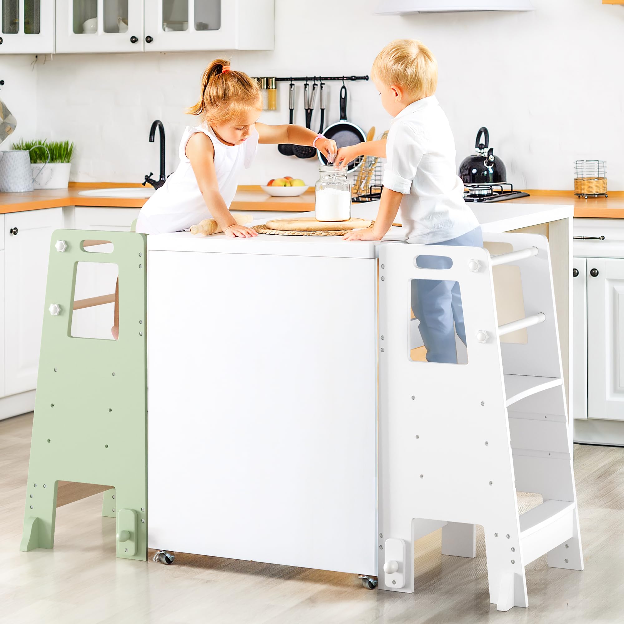 LUE BONA Lernturm für ab 1 Jahr,Kinderküchen Tritthocker mit Sicherheitsschienen,höhenverstellbarer Lernturm mit Sicherheitsschiene für Bad,Kinderzimmer, Küchentisch,Schlafzimmer,Weiß