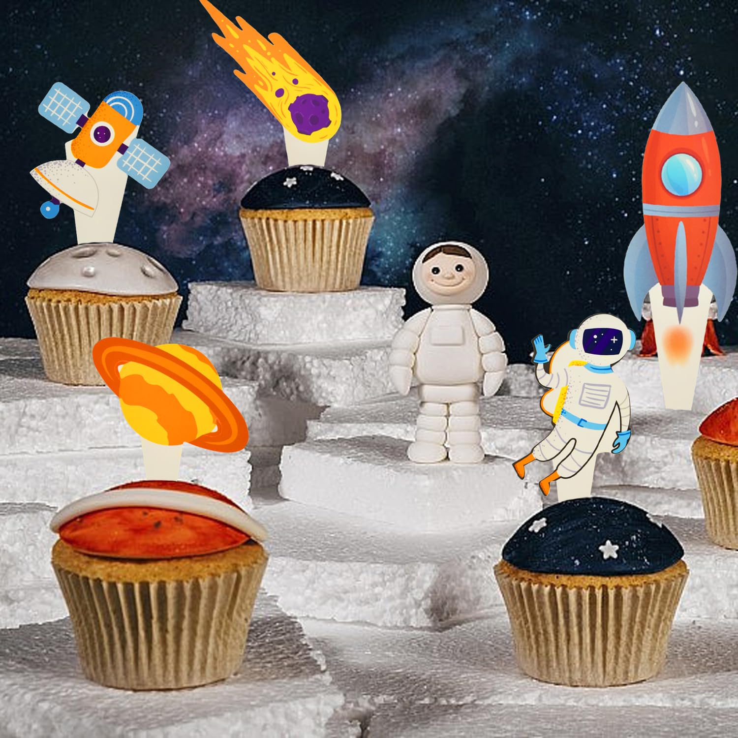 48 Pezzi Topper E Pirottini Per Cupcake A Tema Spaziale - Astronauti, Razzi, Pianeti - Decorazioni Per Torta Compleanno Bambini