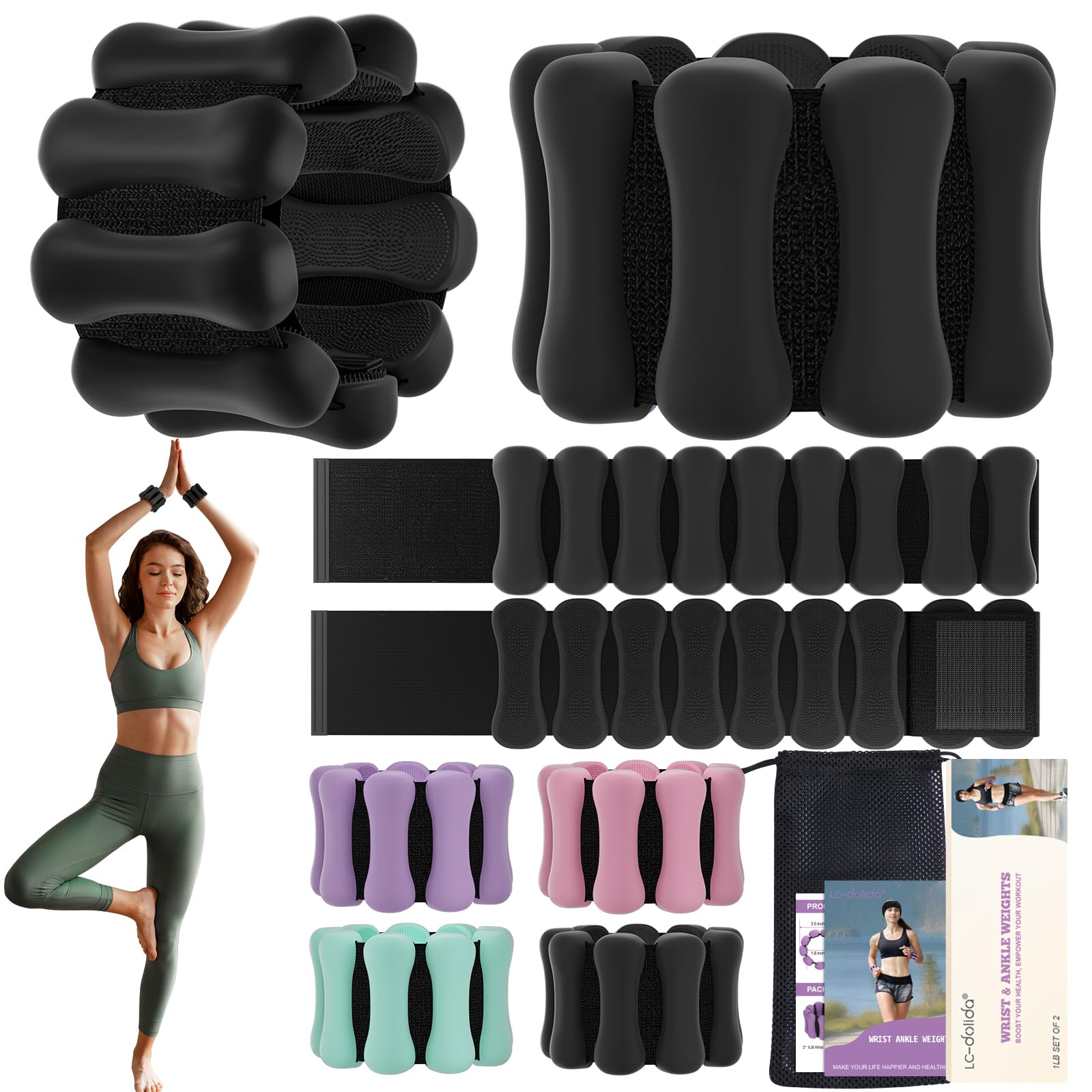 Wrist Weights, LC-dolida Ankle Weights for Women Men, Adjustable Wrist Weighted Bracelet Set of 2 (1 lb Each) for Home Gym Workout, Walking, Running, Pilate, Yoga, Strength Training