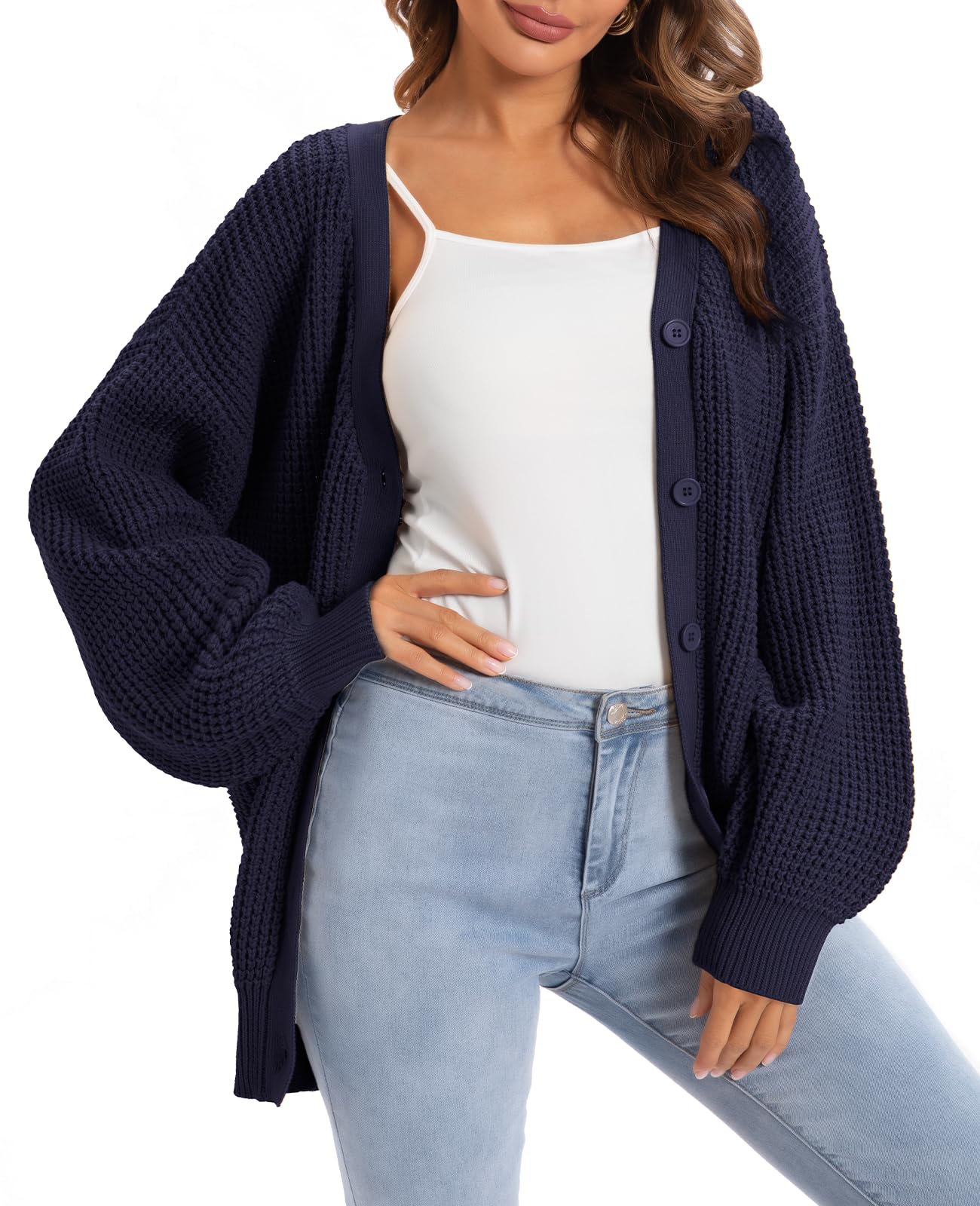 QUALFORT Women's Cardigan Batwing Chunky Knit Cardigan Jumper Blue X-Large