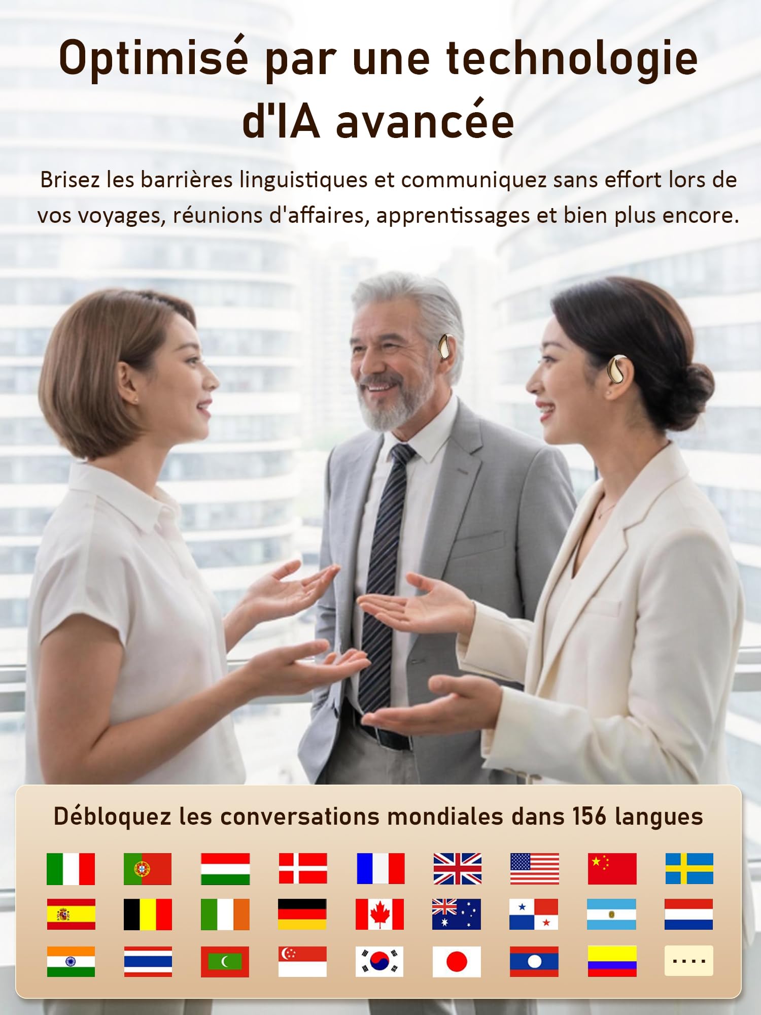 AI Ecouteur Traducteur Instantané Vocal Bluetooth 6.0 Ecouteurs sans Fil Open Ear 156 Langues 3 en 1 Traducteur Vocal