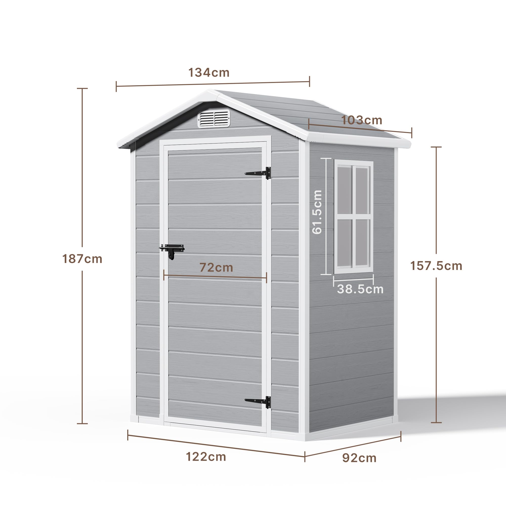 Gerätehaus Kunststoff wetterfest – Geräteschuppen mit Satteldach & Lüftungsgitter, Gartenhaus für Gartenwerkzeuge, Gartenschrank abschließbar für Außenbereich, 134x103x187 cm, Grau