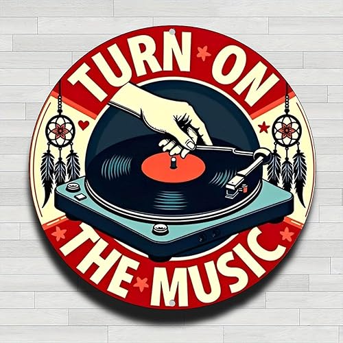 Letrero de pared redondo de metal de aluminio rústico vintage con diseño de música de tocadiscos vintage, 8 pulgadas, para interiores y exteriores,