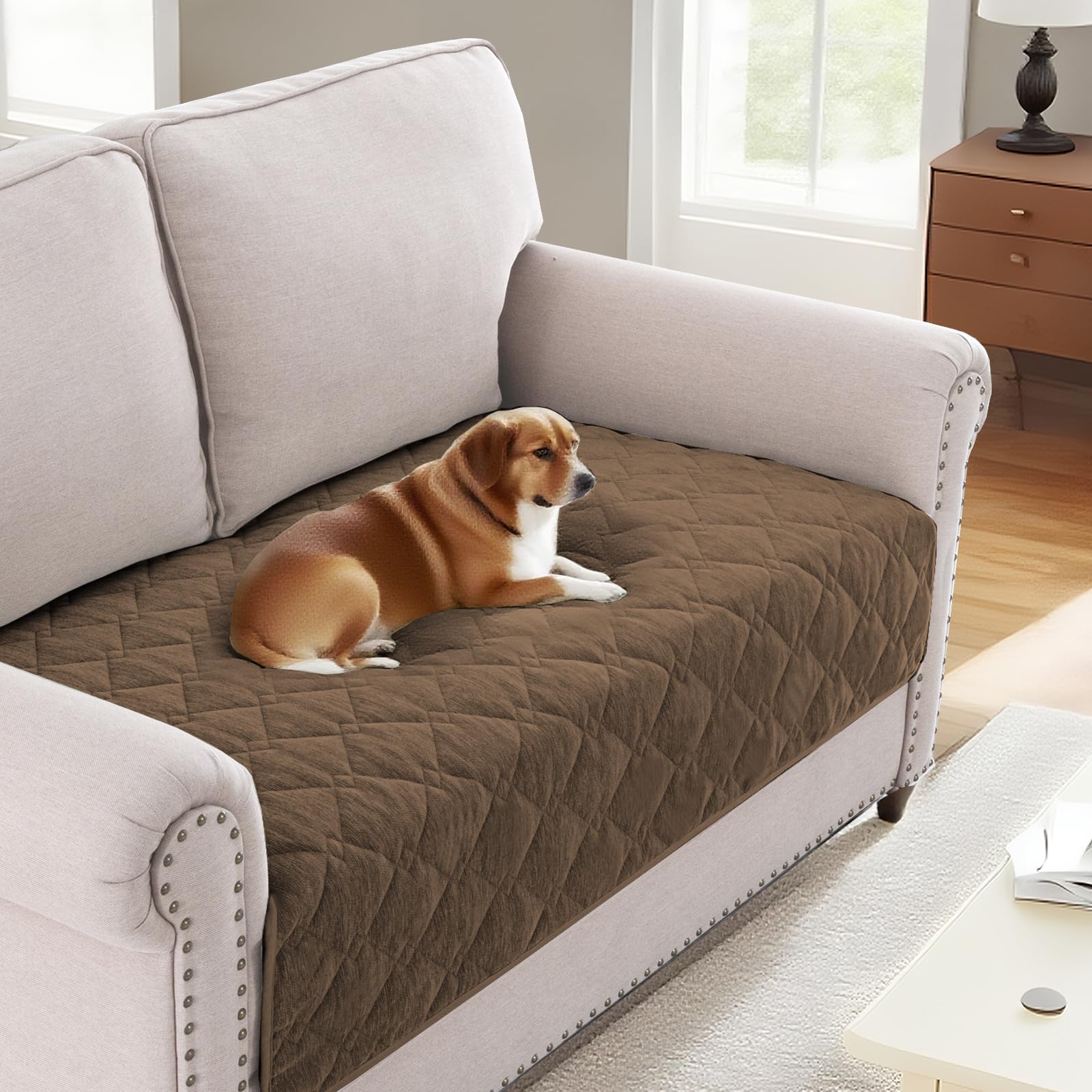 BellaHills Soft Chenille Sofa Cover Pet Fuzzy Sofa Covers 2 Seater Anti Slip Sofa Slipcovers with Strap Couch Cover for Dogs Cats Kids Furniture Protector Washable (90 x 160cm, Coco Mocha)