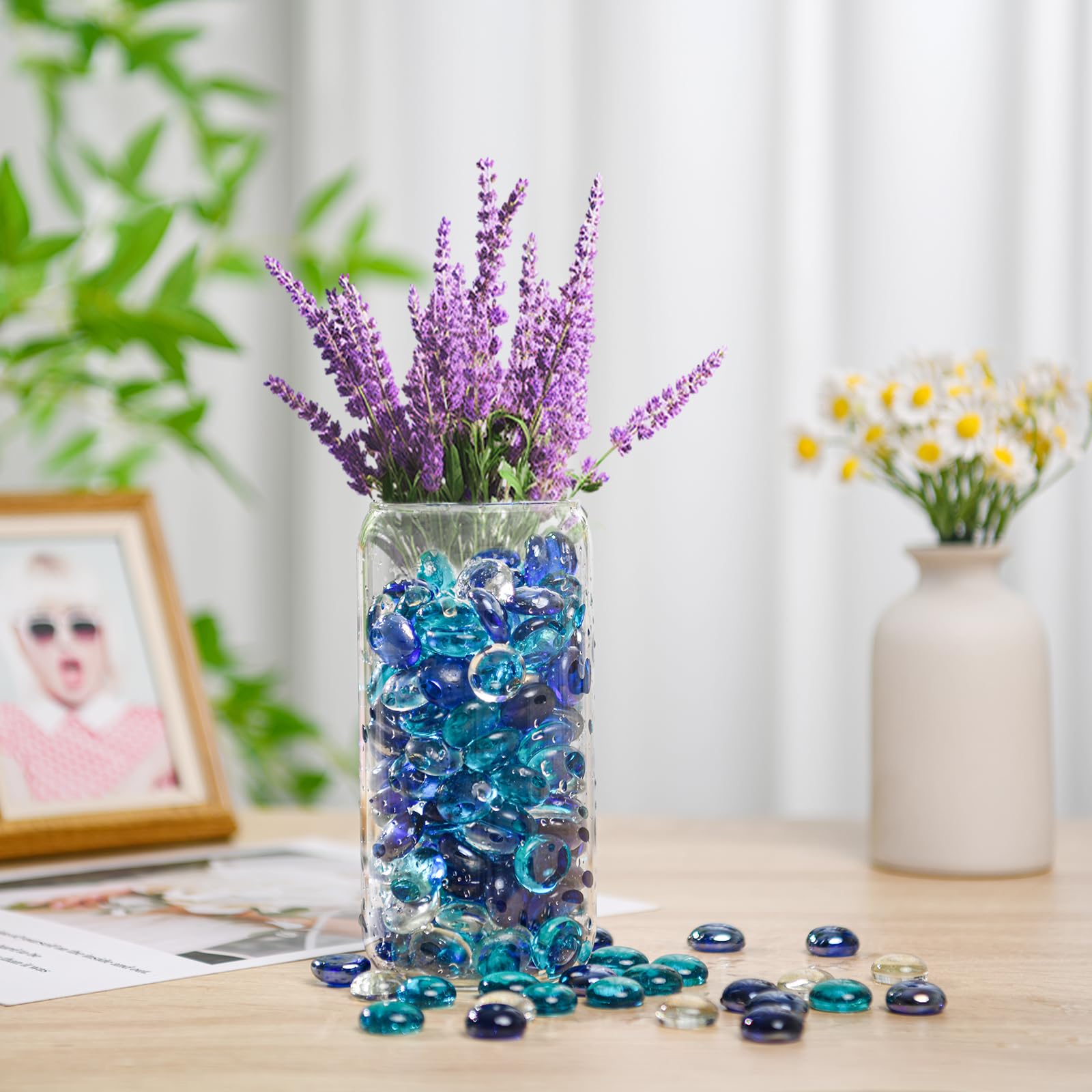 Hiziwimi 3.6kg(About 800Pcs) Decorative Glass Pebbles, Sky Blue Cobalt Blue Transparent, 17-20MM Decorative Stones - Image 4