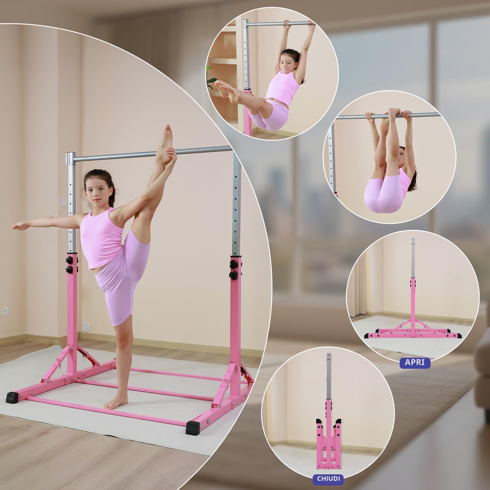 Barra da Ginnastica Pieghevole per Bambini, Regolabile in Altezza, Struttura in Acciaio Stabile, Antiscivolo