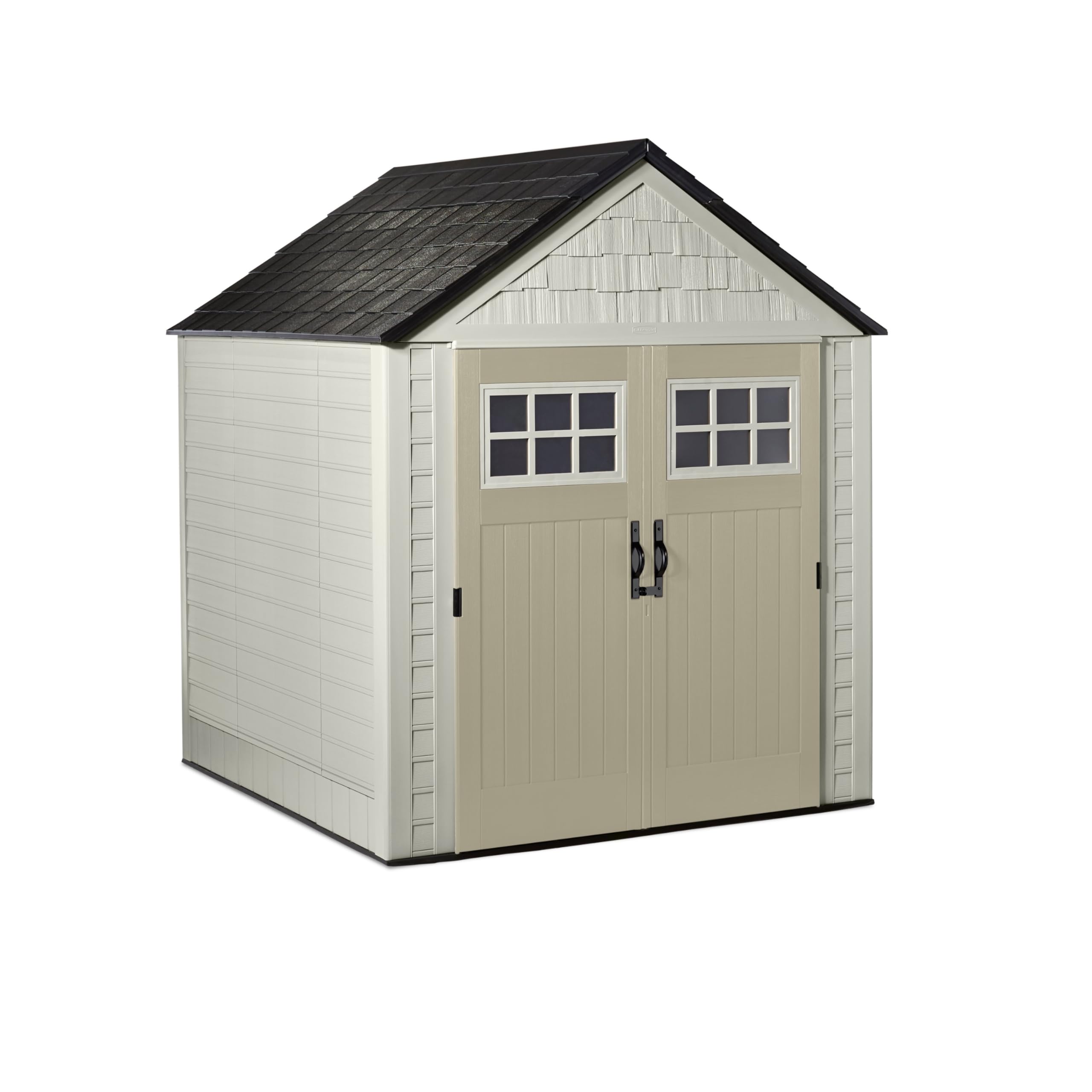 Rubbermaid 7' x 7' Weatherproof Outdoor Storage for Organizing Garden Tools and Lawn Machines with Lockable Double Door Sandstone