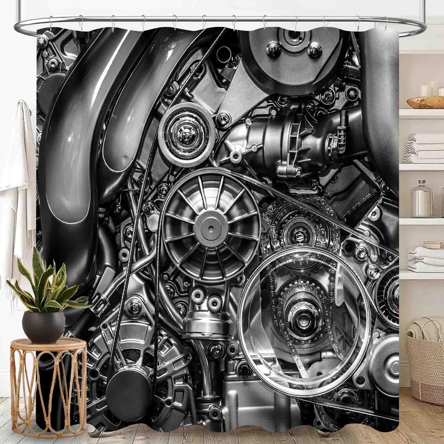 Car Repair Shower Curtain, Retro Auto Engines Repair Vehicle Garage Tools Shed Workshop Vintage Car Rod Pocket Black Man Cave Waterproof Fabric Bathroom Shower Curtain Set with Hooks, 72"x84" Inch