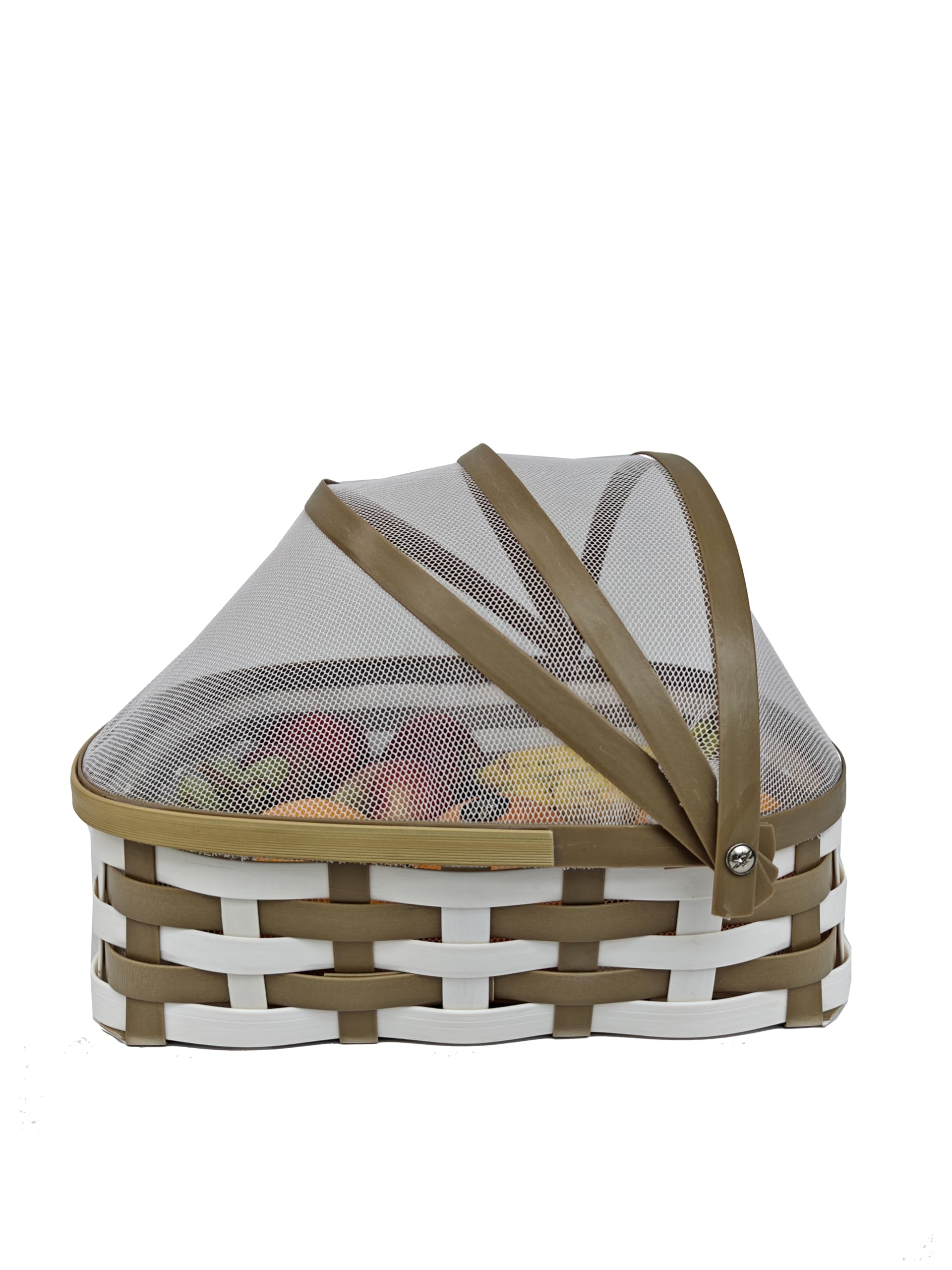 Saffron Décor Fruit Basket for Dining Table with Lid & Net Cover | Fruits Storage Basket with Net to Protect from Dust, Mosquitoes & Fruit Flies, great gifting option Size : Small (Colour Beige-White)