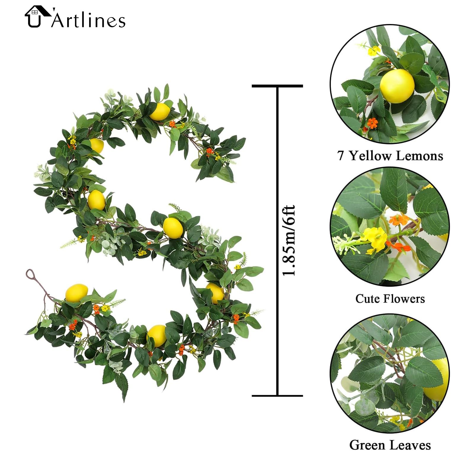 U'Artlines Künstliche Zitronengirlande für Frühling, Sommer, künstliche Obstranken, Girlanden mit Grün, für Tür, Wand, Kaminsims, Hochzeit, Party, Tischdekoration, 2 Stück