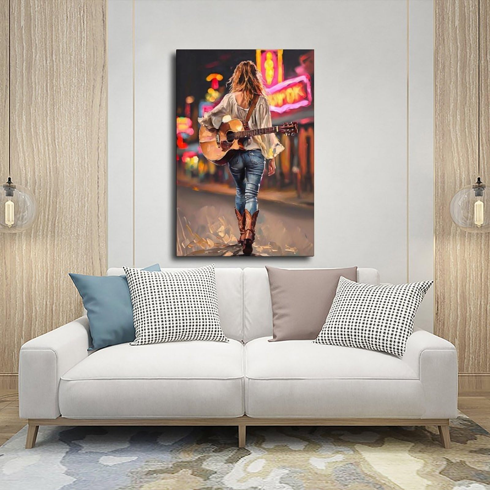Poster su tela, motivo: una ragazza di musica country cammina per strada con la chitarra sulla schiena. Decorazione per camera da letto, ufficio, camera da letto, regalo, 60 x 90 cm