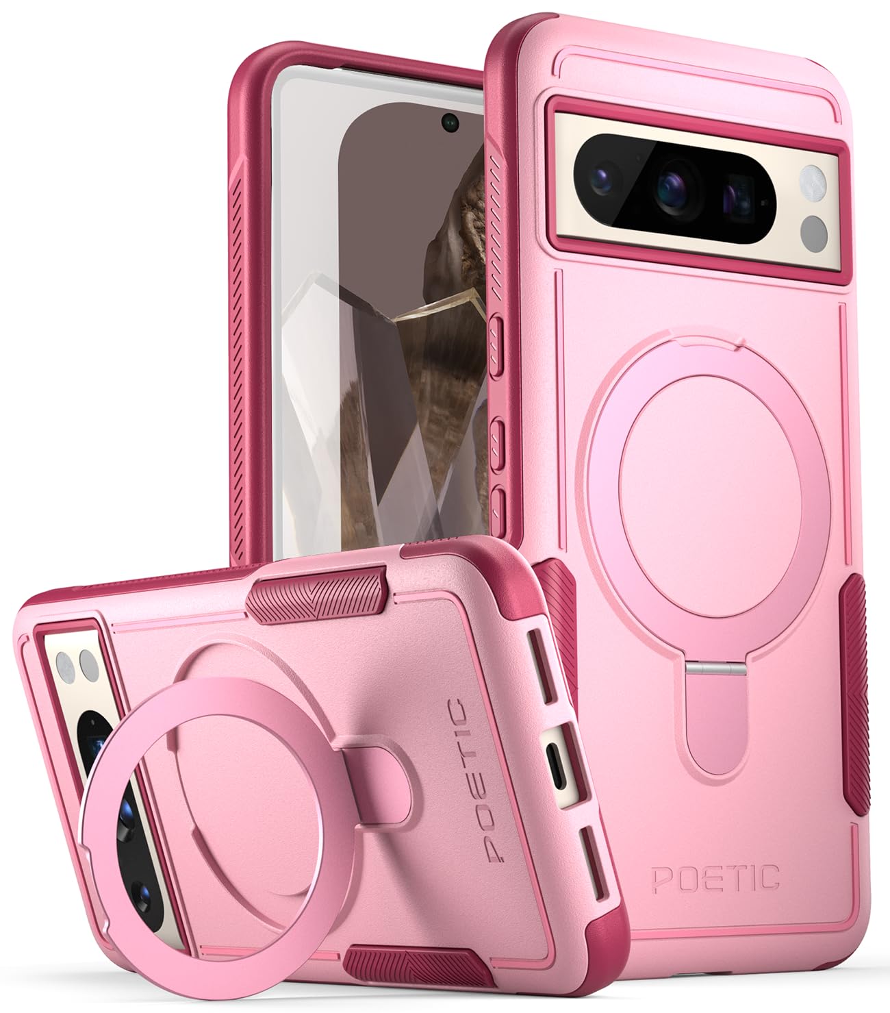 Poetic Neon MagPro Case Compatible with Pixel 8 Pro 5G 6.7 Inches, [Compatible with MagSafe] Dual Layer Heavy Duty Robust Shock Protection Case, Magnetic Ring Stand, Pink