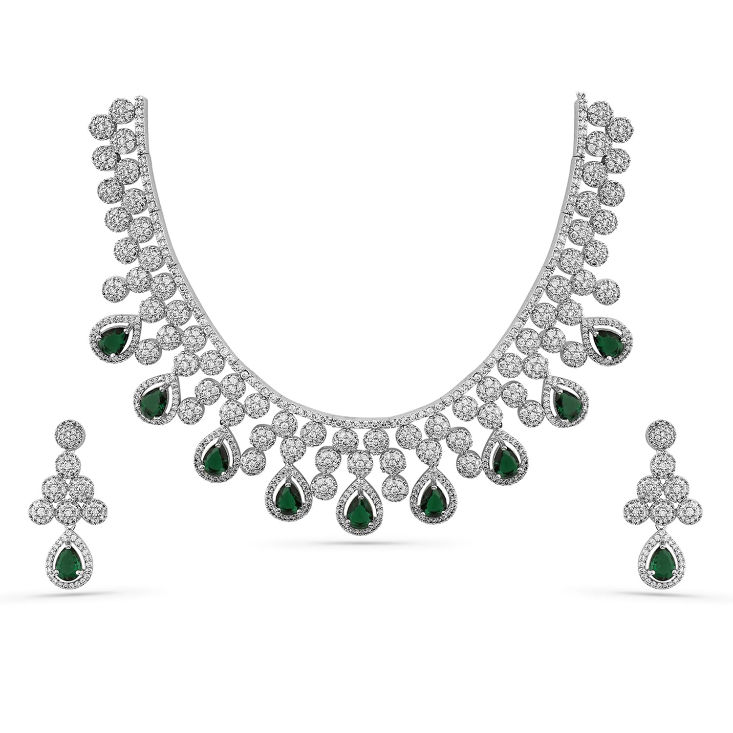 Womens Rhodium Plated Emerald & Silver Cubic Zirconia Studded Necklace Set - Ideal for Weddings, Parties & Special Occasions-image-17