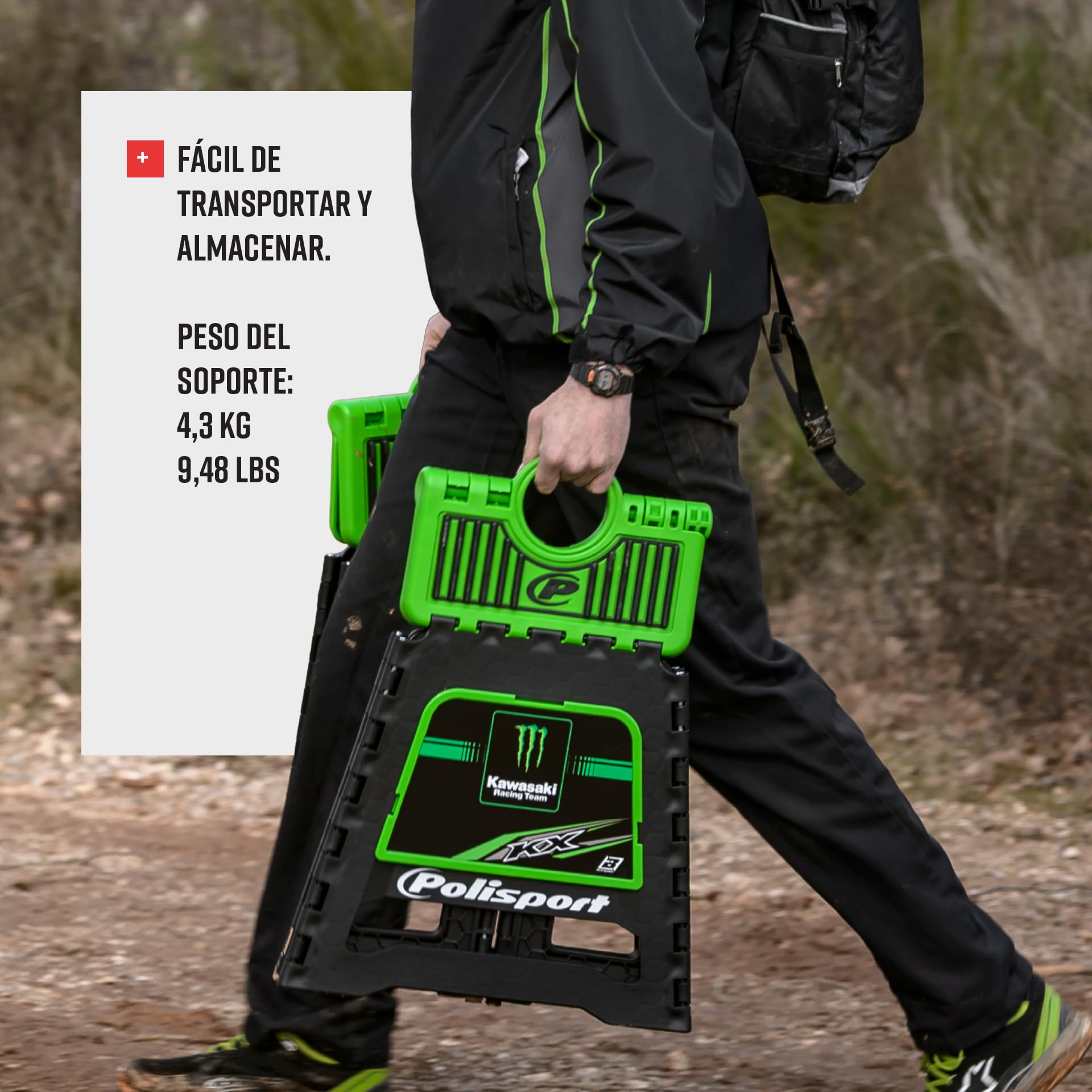 Polisport Off Road 8981500005 Caballete Plegable para Moto – Ligero, Motocross, Caballete Moto, Off-Road, Compacto, Portátil, 250 Kg, Podio Oficial FIM, Caballete Moto, Verde