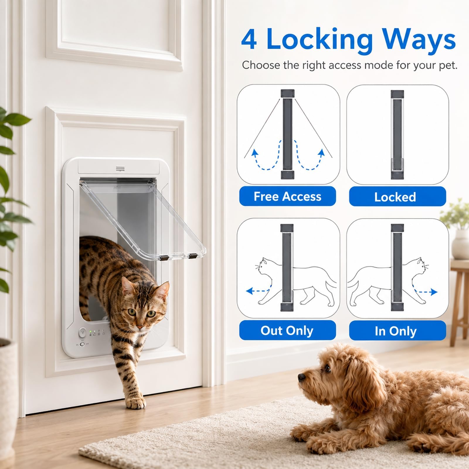 Puerta Inteligente para Gatos, Puerta Automática para Mascotas | 2 Lectores de Microchip, Control Remoto, Fácil Instalación, Resistente a la Intemperie, Gatos, Perros Pequeños(black)