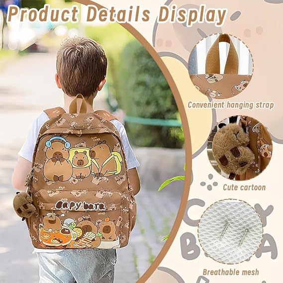 SWZY Capybara Backpack School Bag with Stationery Set 8pcs, Cartoon Animal Large Capacity Backpack,Kawaii 2 in 1 Stand Up Pen Holder Pouch,Kapibara Erasable Pen Keychain Stationery Supplies for Kids