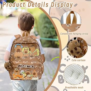 SWZY Capybara Backpack School Bag with Stationery Set 8pcs, Cartoon Animal Large Capacity Backpack,Kawaii 2 in 1 Stand Up Pen Holder Pouch,Kapibara Erasable Pen Keychain Stationery Supplies for Kids