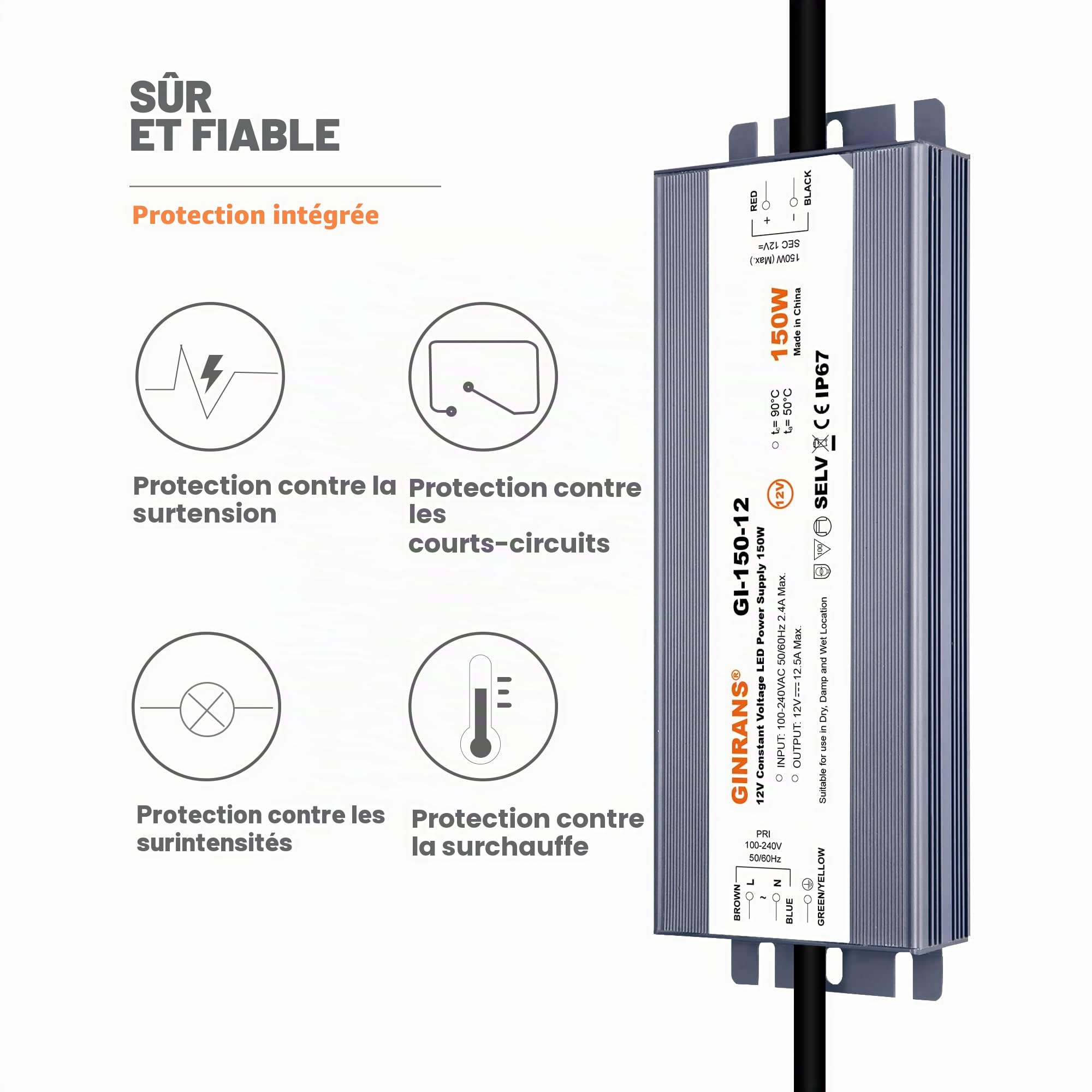 Transformateur d'alimentation LED à tension constante étanche IP67 150 W 100-240 V CA entrée universelle avec fiche sortie 12 V CC 12,5 A max. pour éclairage extérieur LED