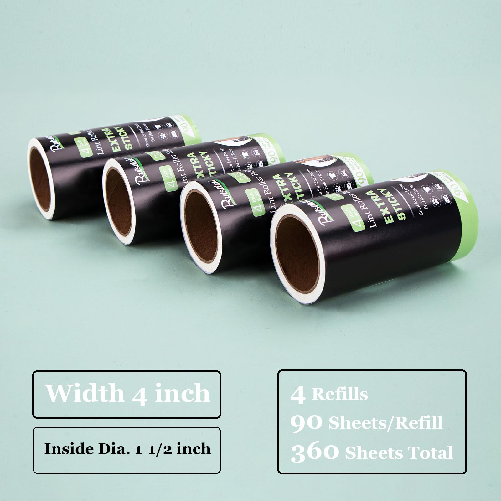 Recambio de rodillo de pelusa de 4 pulgadas para rodillos de pelusa PetLovers Evercare y más, paquete de 4 rollos de repuesto de rodillo de pelusa Extreme Stick para pelo de mascotas, 90 hojas por