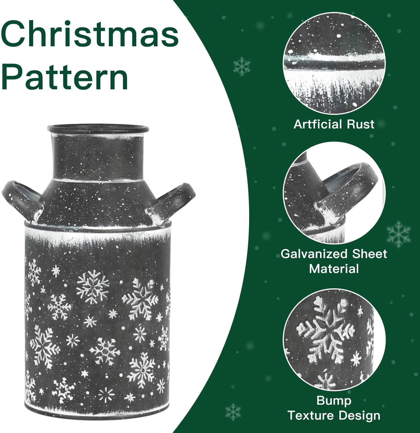 Putuo Decor Galvanized Gray Metal Vase Snowflake Design Christmas Decorative Milk Can with Gray Handles Vintage Farmhouse Christmas Décor for Holiday Festive Centerpieces Home Accents