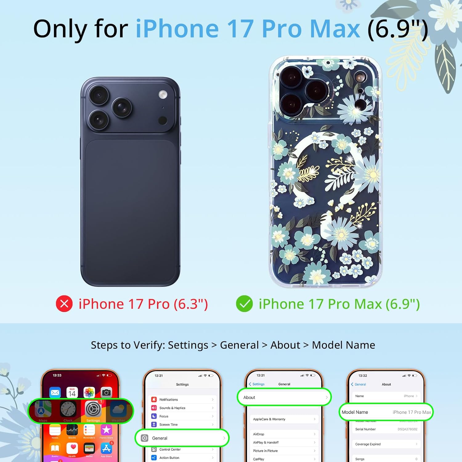 YeLoveHaw Clear Phone Case for iPhone 17 Pro Max [Compatible with MagSafe] Slim Magnetic Protective Cover with Floral Pattern & Gold Accents, Cute Aesthetic Flower Case for Women Girls – Blue Flowers - Image 5