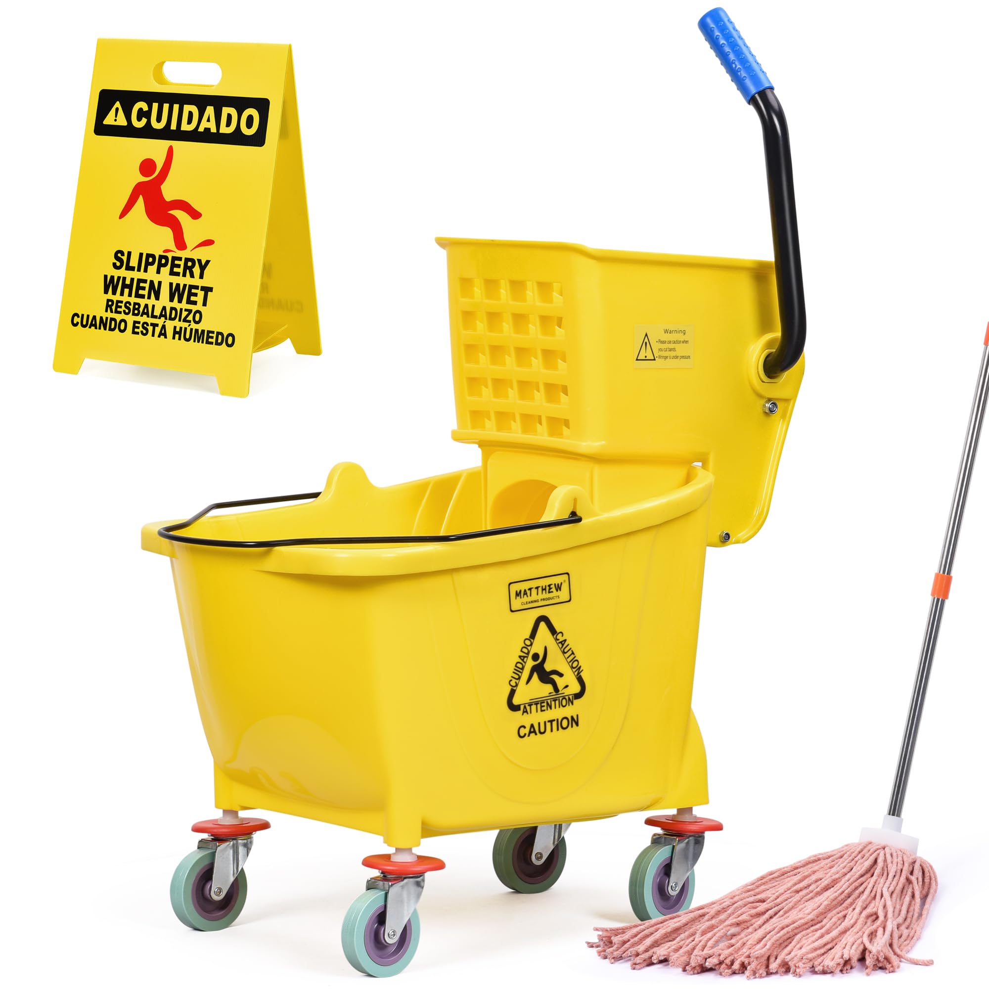 Matthew Cleaning 34 Quart Commercial Mop Bucket INCL.Wet String Mop with Side Press Wringer On Wheels,Heavy Duty Tandem Portable Floor Cleaning Wavebrake,Ideal for Household,Industrial,Restaurant