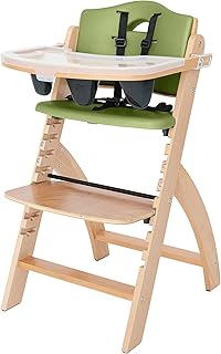 Abiie Beyond Junior Wooden High Chair with Tray - Adjustable and Convertible High Chair for Babies and Toddlers - 6 Months to 250 Lb - Water Resistant - Natural Wood with Olive Cushion