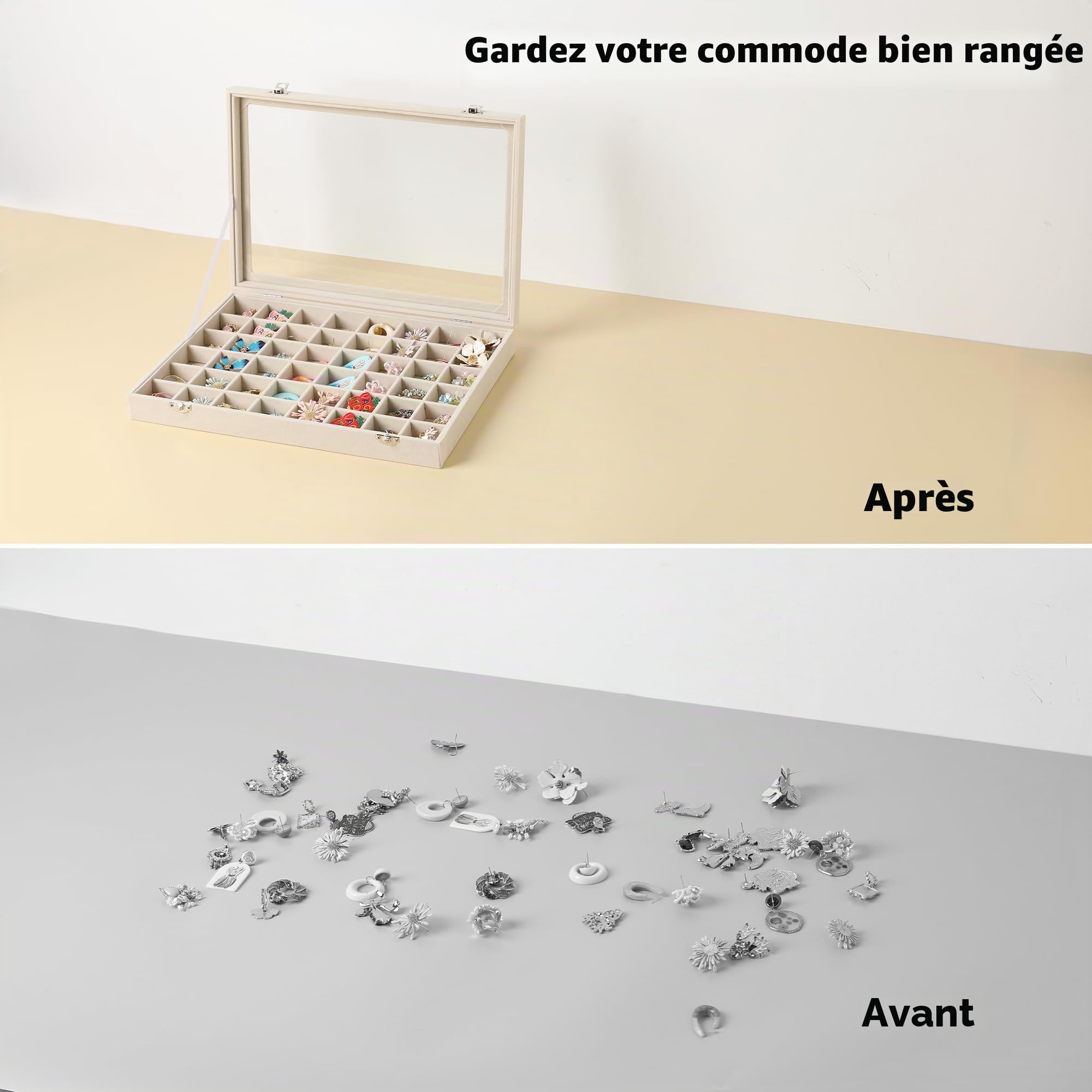 Frebeauty Coffret à bijoux 48 compartiments avec couvercle en verre, velour | Organisateur de boucles d'oreilles réglable, couvercle en verre, intérieur en velours de qualité supérieure
