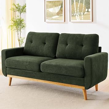 67.7" W Mid-Century Modern Loveseat Sofa, Green 2-Seat Upholstered Love Seat Couch, Comfy Small Couch with Wooden Legs and Tufted Back for Living Room Bedroom Office Apartment Green