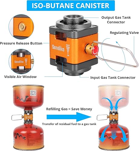 Miniatura 3 de Sondiko Adaptador de recarga de butanoisobutano, dispositivo de transferencia de combustible, convertidor de gas cambiador de bote de isobutano,