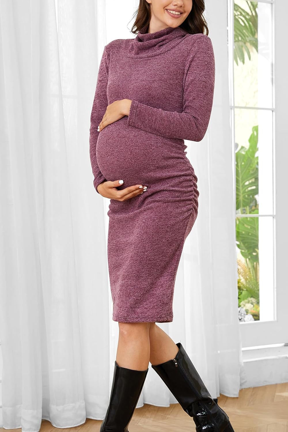 PARNIXS Women's Fashion Long Sleeve Knit Maternity Dress Ruched Pregnancy Clothes
