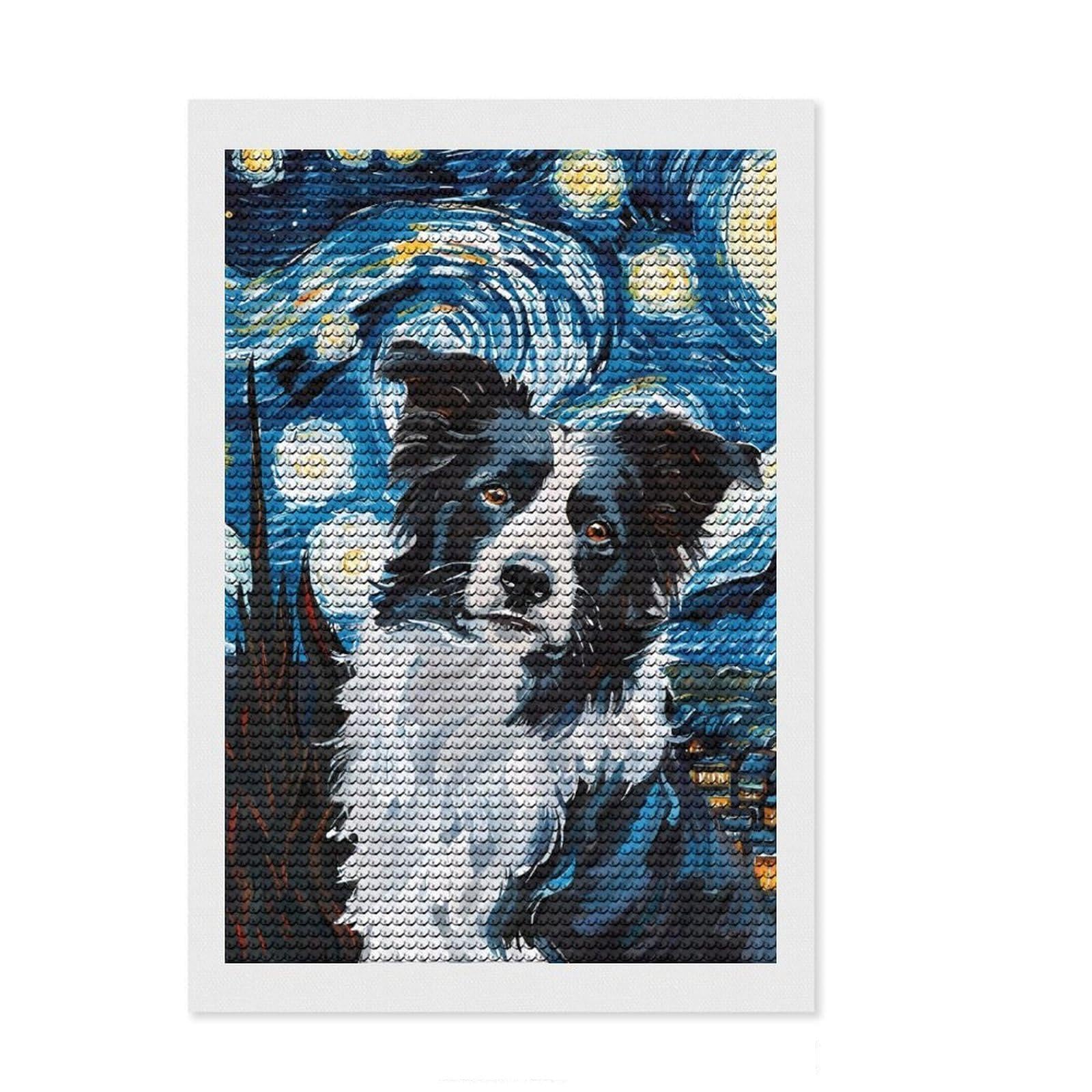 Junmoney Border Collie Starry Night Full Drill Diamond Painting Kit 8"x12", for Creative Relaxation, Printed Canvas, Farmhouse Decor, Christmas Gift