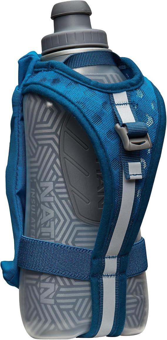 Nathan SpeedDraw 2 Insulated Handheld Running Water Bottle Flask Double-Wall Insulation, Ergonomic Grip, Blast Valve Cap, Phone & Key Storage Pockets, Reflective Design - 18oz, Deep Blue