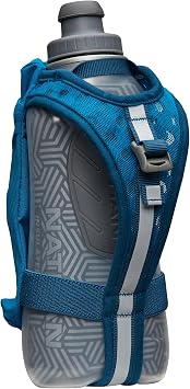 Nathan SpeedDraw 2 Insulated Handheld Running Water Bottle Flask Double-Wall Insulation, Ergonomic Grip, Blast Valve Cap, Phone & Key Storage Pockets, Reflective Design - 18oz, Deep Blue
