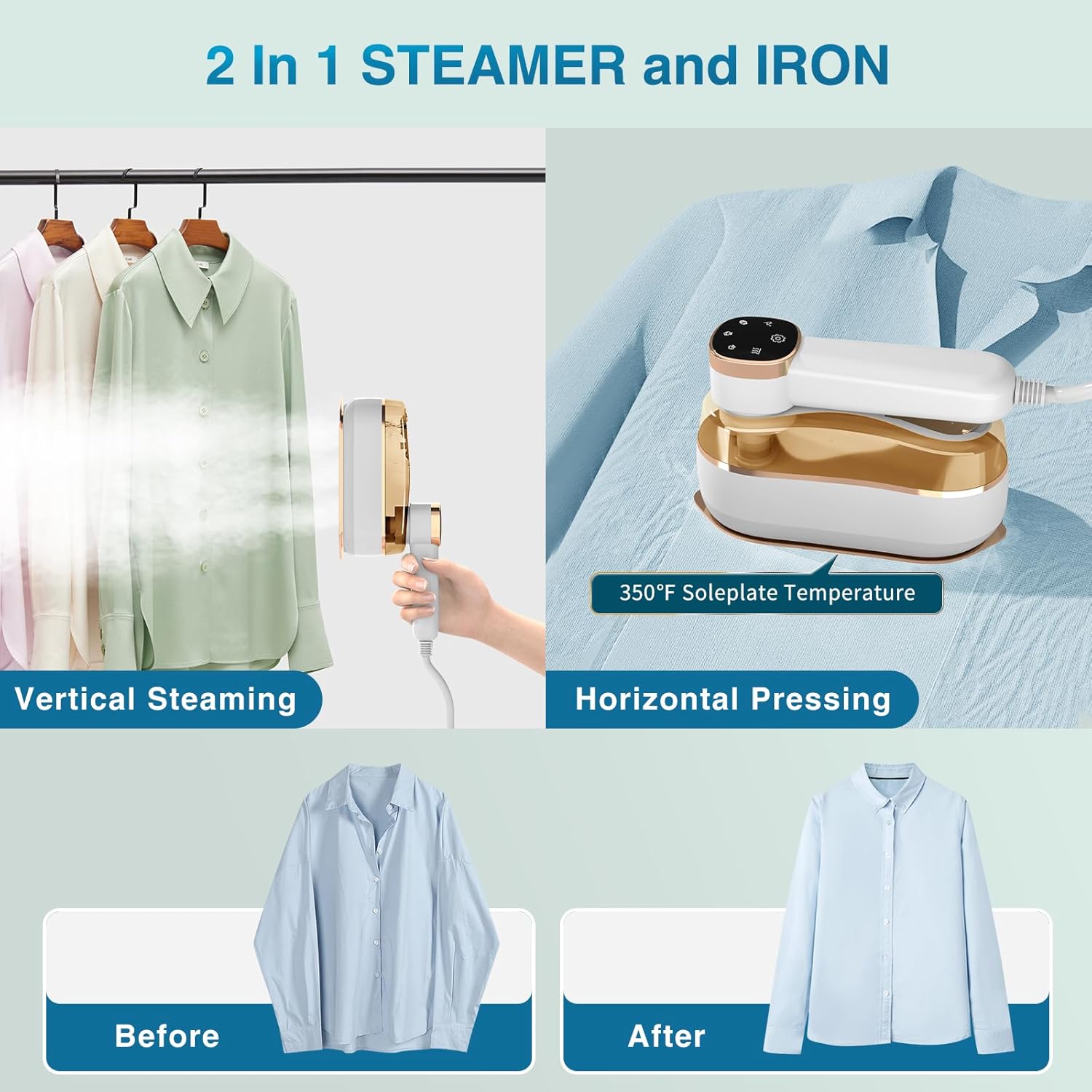 Travel Steamer & Iron 2 in 1, Portable Handheld Mini Steam Iron, 3 Secs Fast Heating, Suitable for Travel, Home & Dorm (Beige)