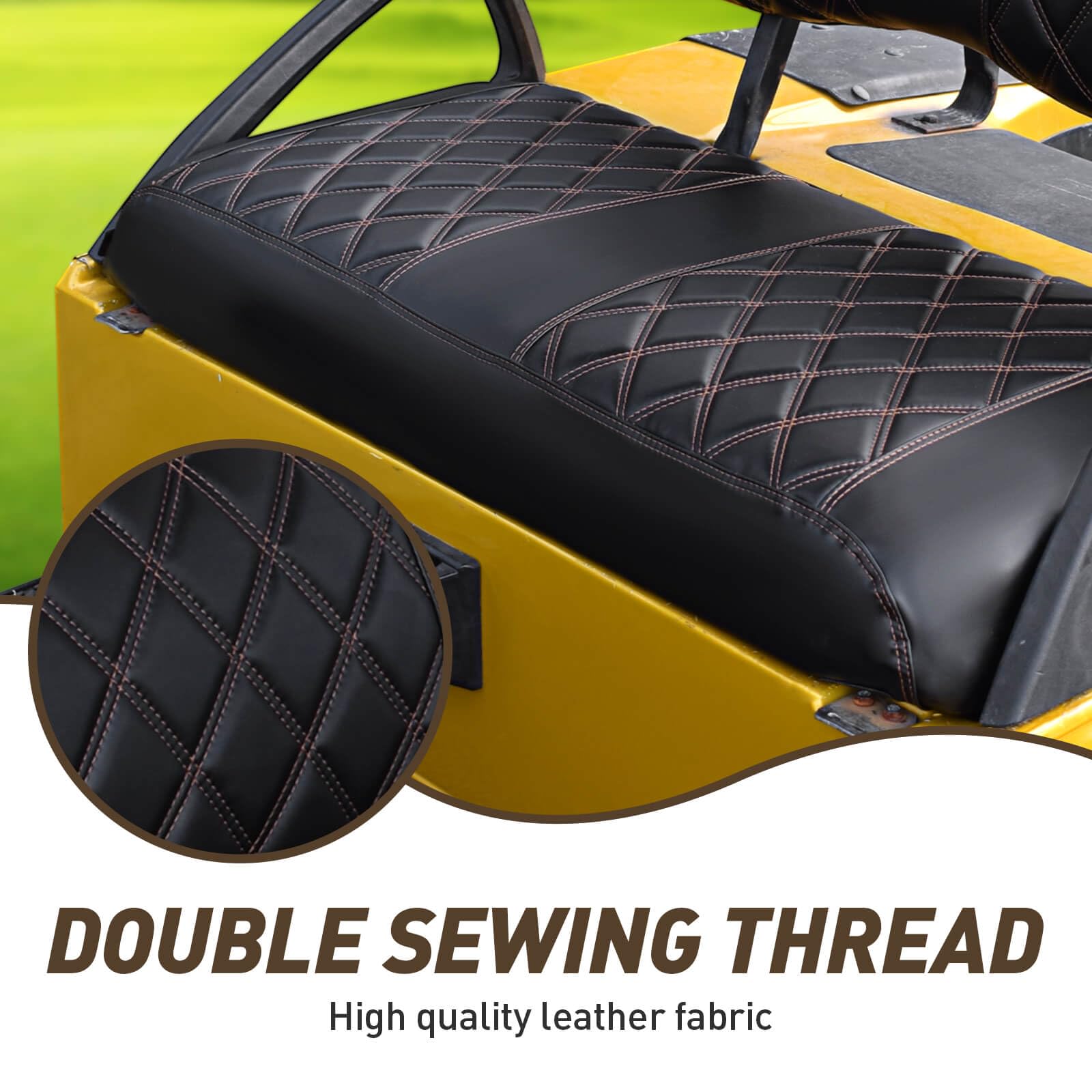 NOKINS Golf Cart Club Car DS 2000.5-Up Diamond Seat Covers Kit, Fits Club Car DS OEM Standard Front Seat Cushion, Golf Cart Vinyl Seat Cover, No Nails Required (Black and Brown Stitching)